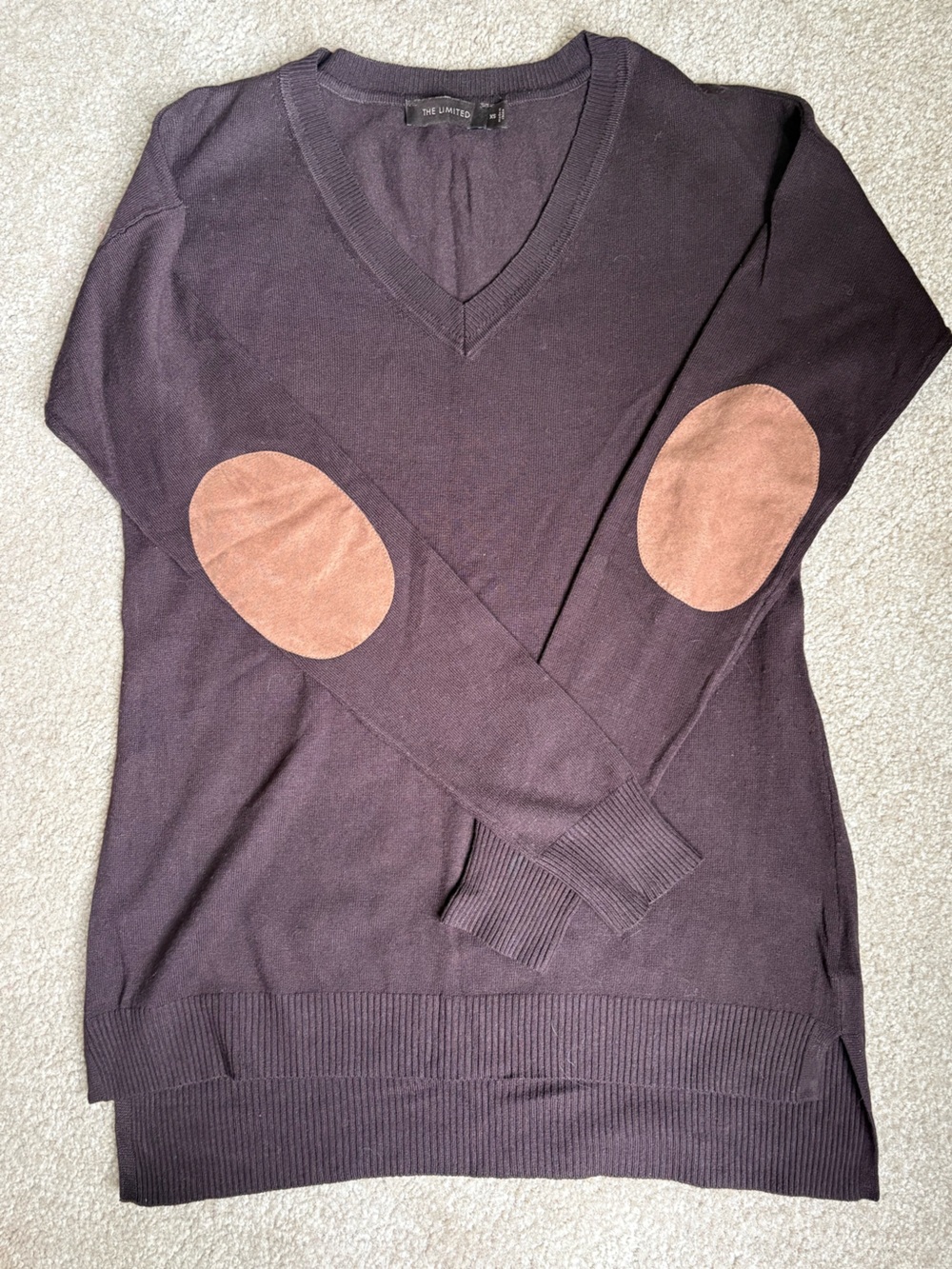 The Limited Dark Brown Crewneck Sweater with Tan Elbow Patches